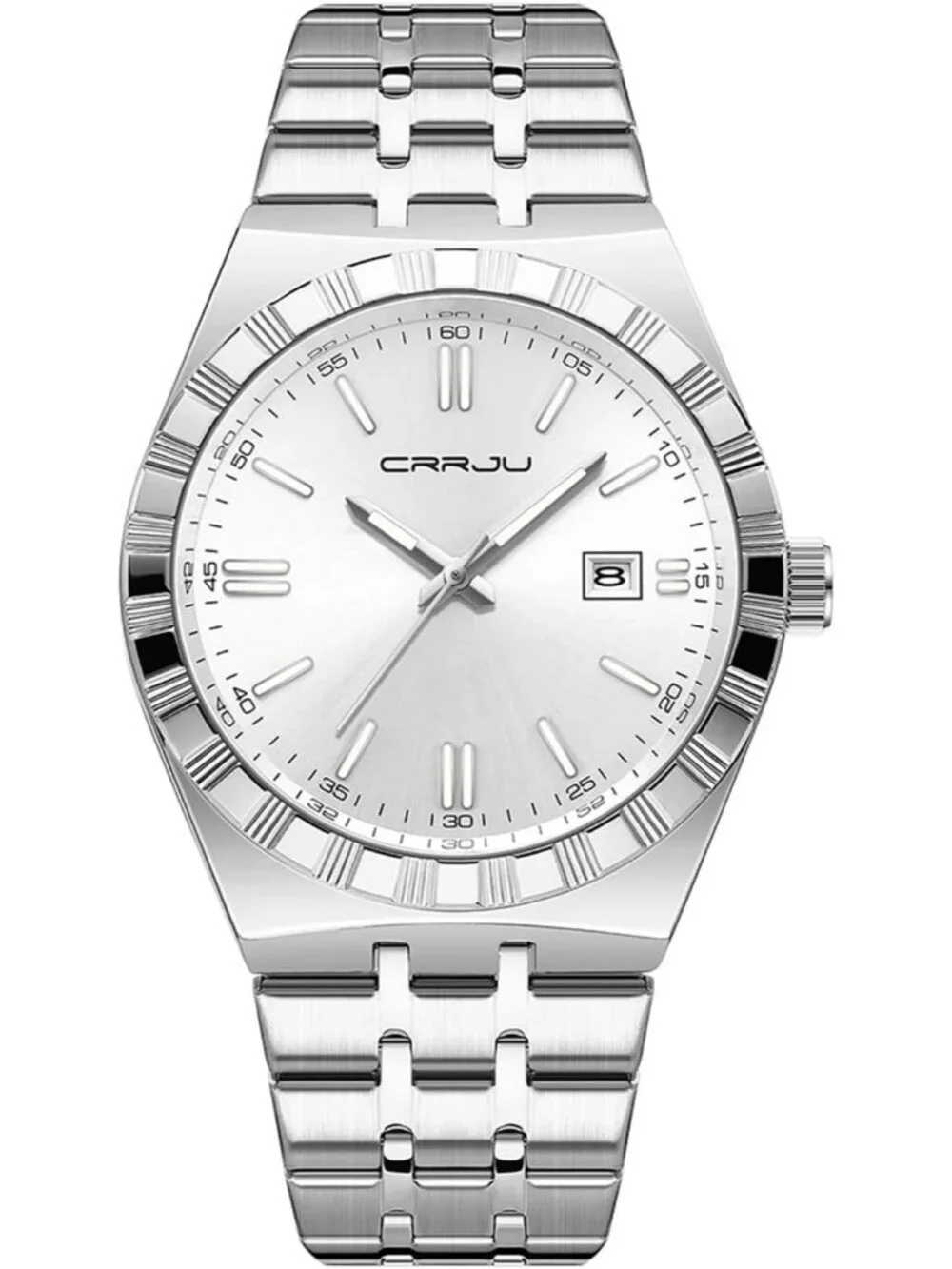 Crrju Men's White Luxury Luminous Analog Quartz Classic Calendar Silver Watch